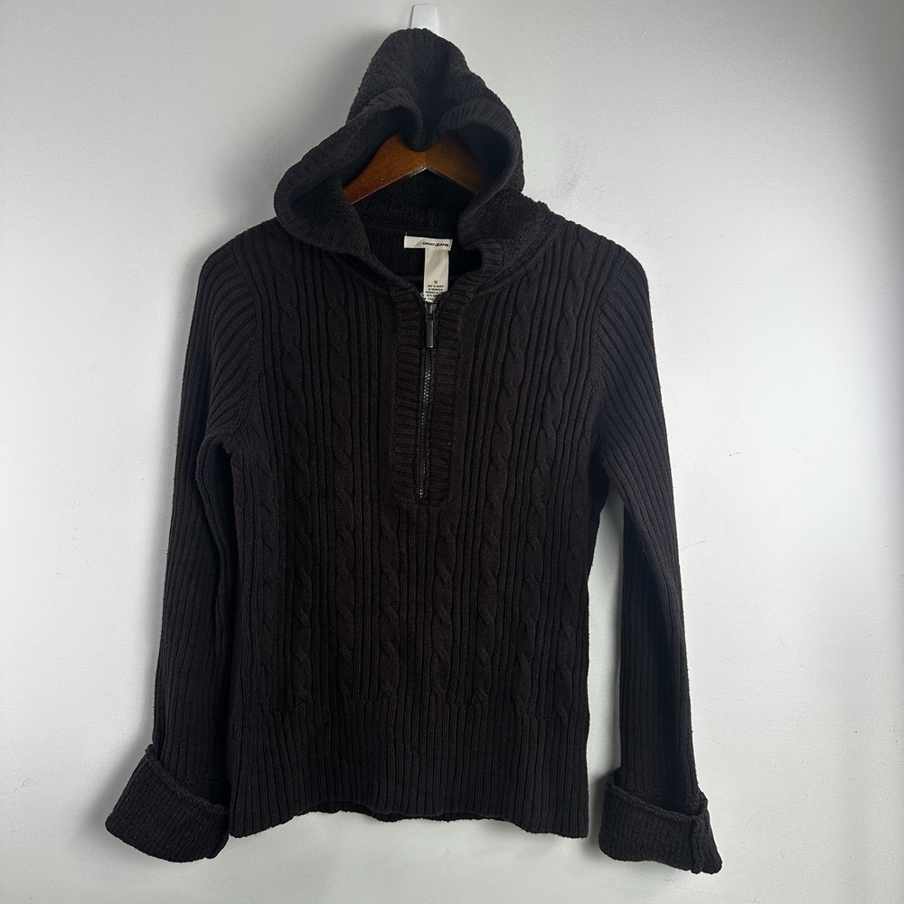 Vintage DKNY Jeans Cable Knit 1/4 Zip Hoodie Sweater Women M Brown Prep Y2K Mall